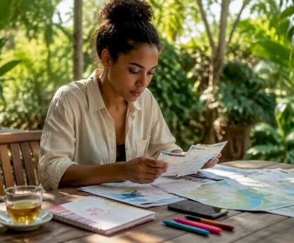 Woman organizing travel documents on table