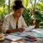 Woman organizing travel documents on table