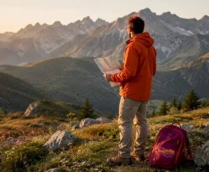 Hiker overlooking mountain wilderness landscape