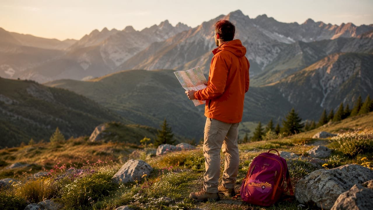 Hiker overlooking mountain wilderness landscape