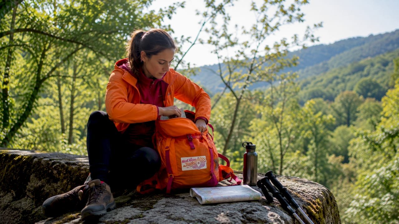 Traveler organizing hiking gear at trailhead