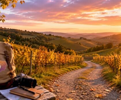 Vineyards and forests in Vienna countryside autumn morning