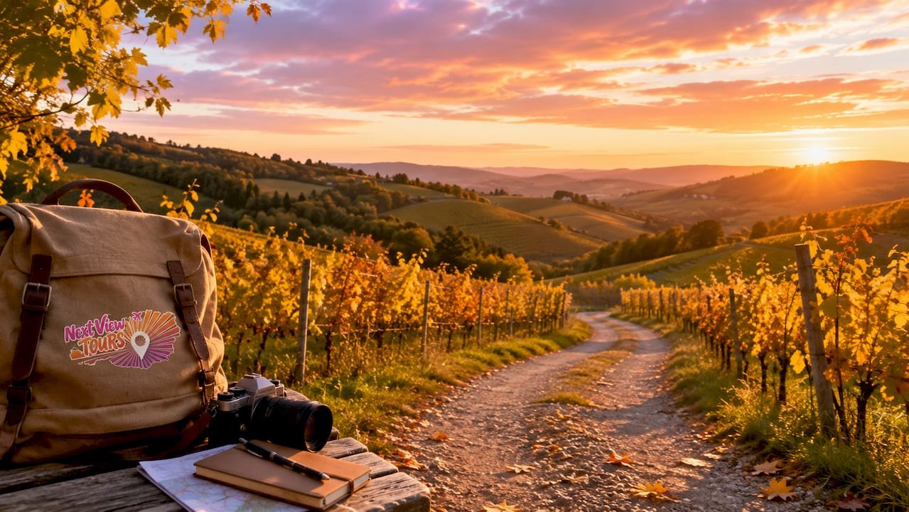 Vineyards and forests in Vienna countryside autumn morning