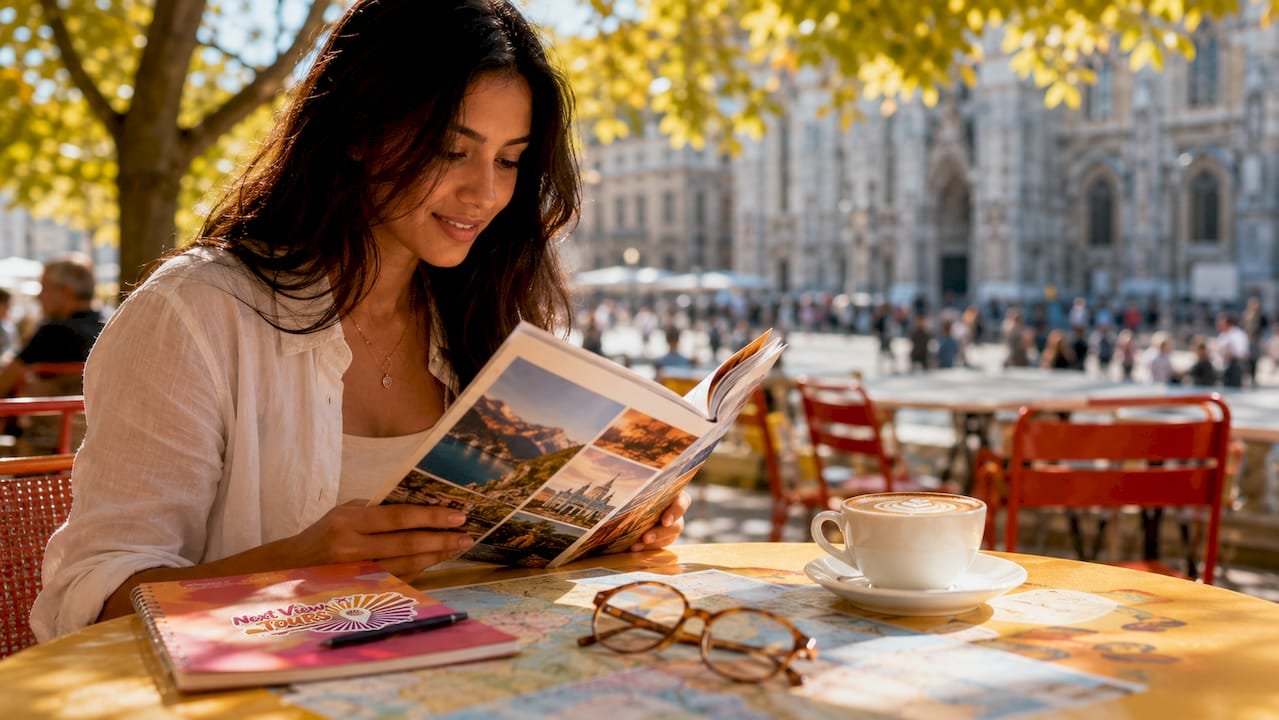Traveler planning Austria trip in a café