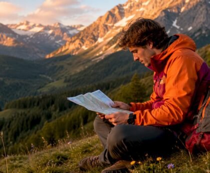 Hiker with map in Austrian Alps at sunrise