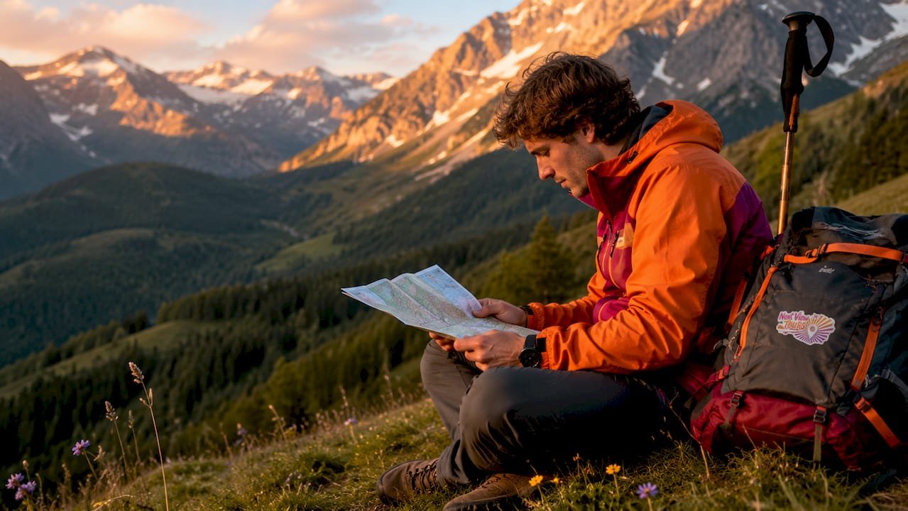 Hiker with map in Austrian Alps at sunrise