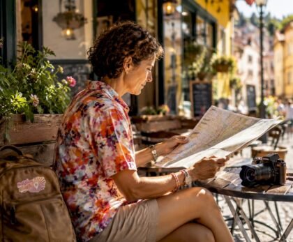 Traveler sitting on bench viewing city landmarks