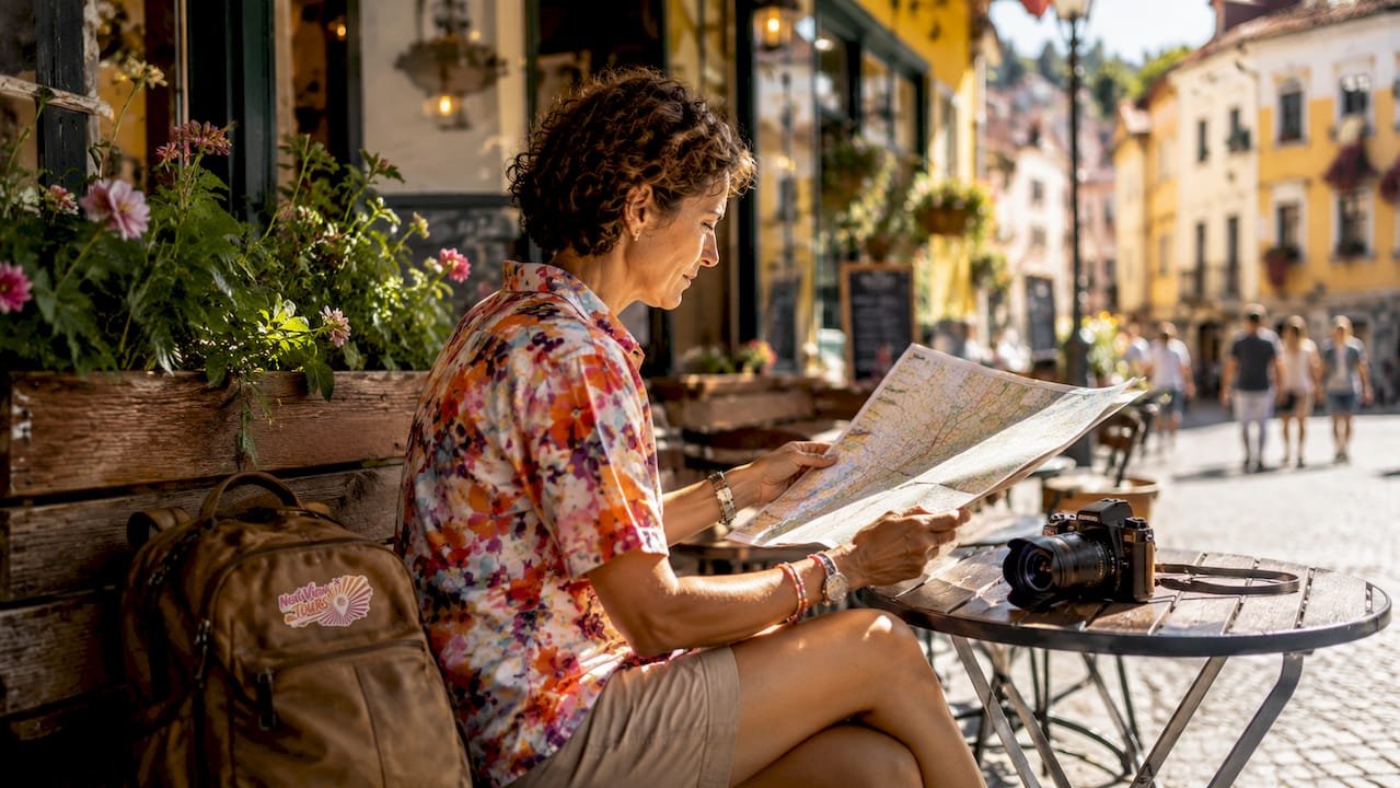 Traveler sitting on bench viewing city landmarks