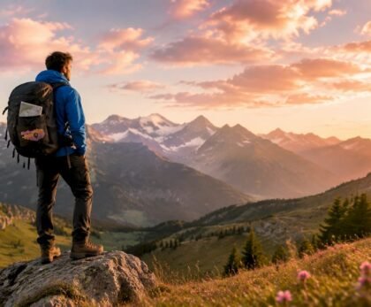Hiker overlooking Austrian alpine mountain landscape