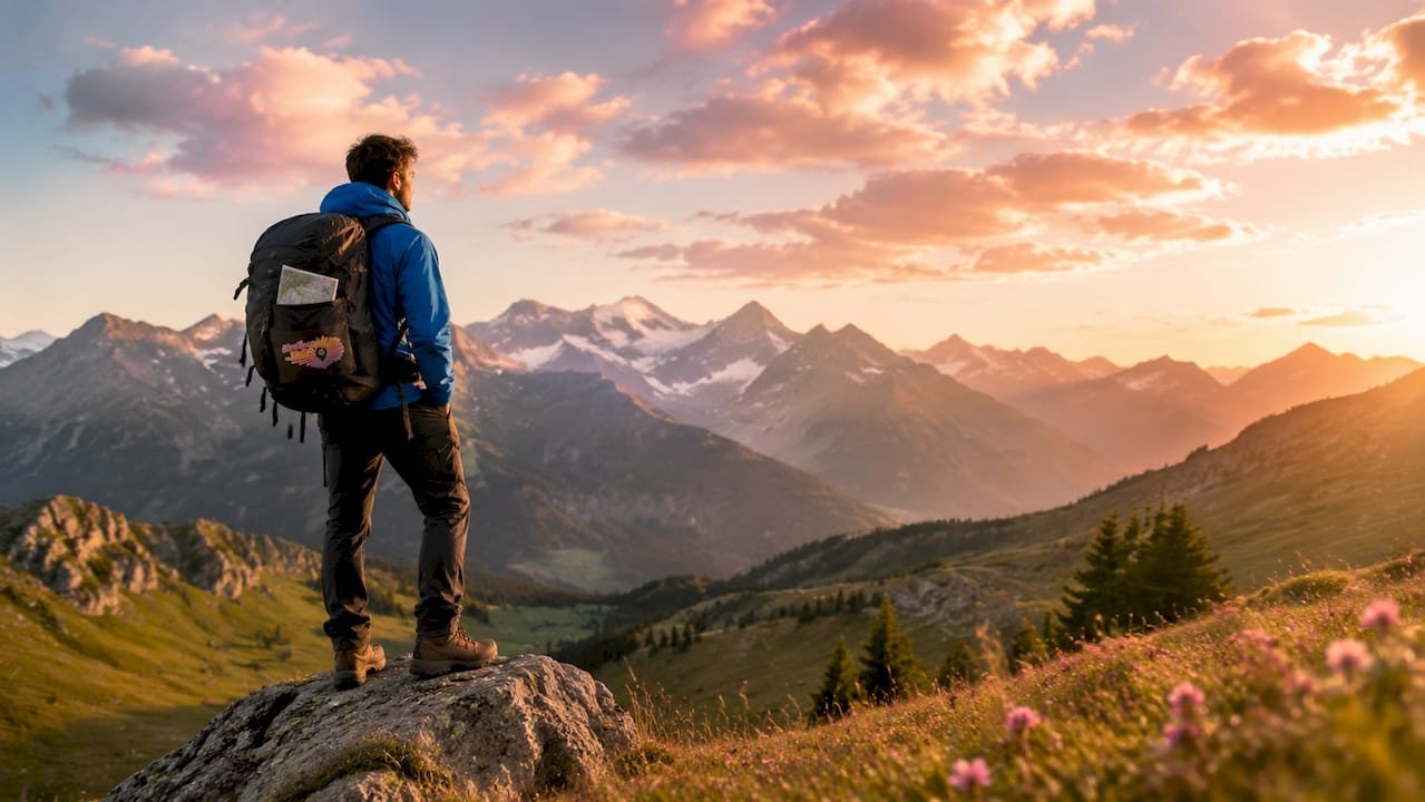 Hiker overlooking Austrian alpine mountain landscape