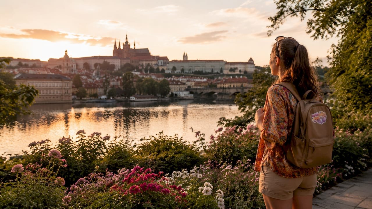 Traveler on Charles Bridge with Prague Castle at sunrise