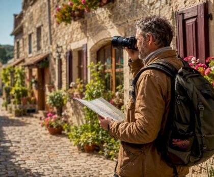 Traveler photographing historic European landmark outdoors