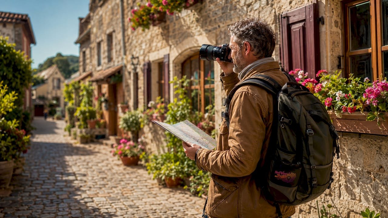 Traveler photographing historic European landmark outdoors