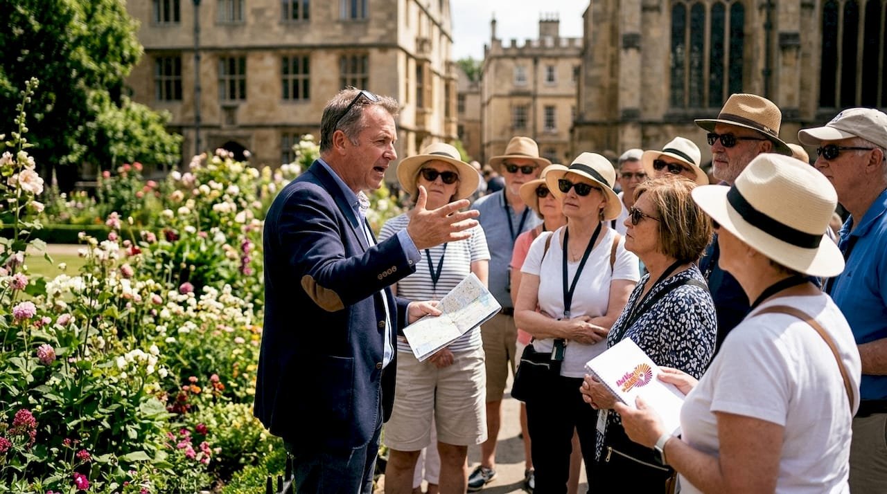 Tour guide speaking to outdoor tourist group