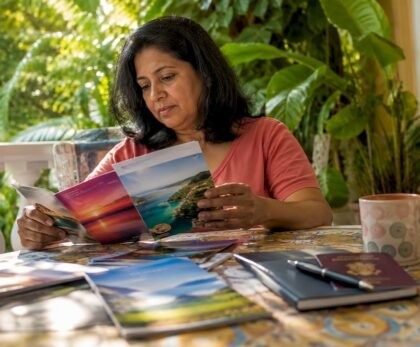 Woman reviewing summer travel plans at kitchen table