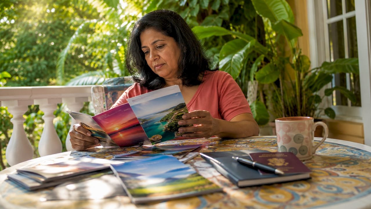 Woman reviewing summer travel plans at kitchen table