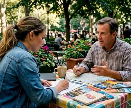 Travel agent consulting client over itinerary