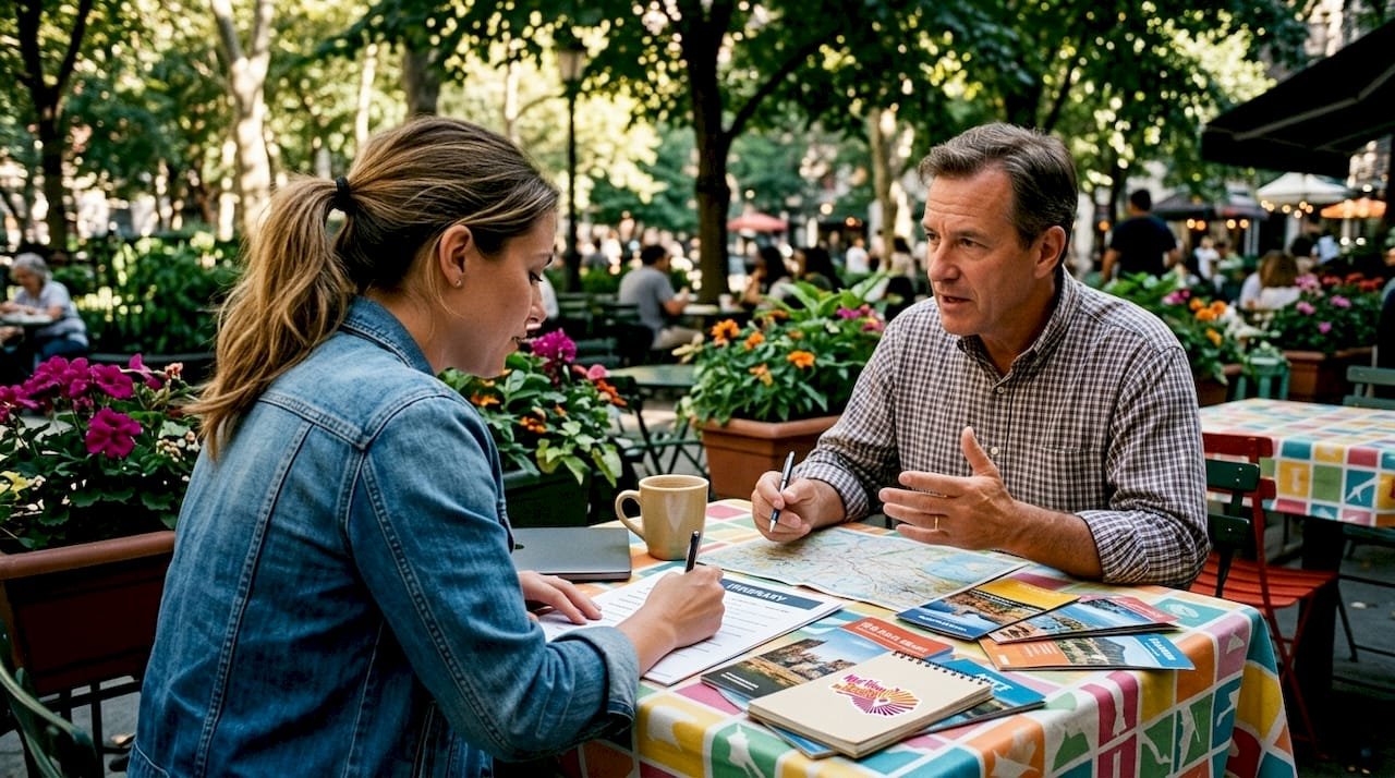 Travel agent consulting client over itinerary