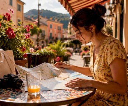 Woman planning Europe trip at outdoor café table