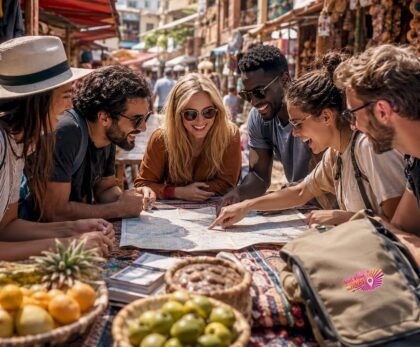 Group of travelers planning trip around a table
