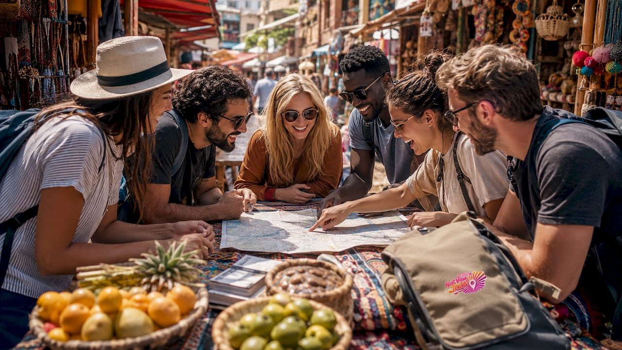 Group of travelers planning trip around a table