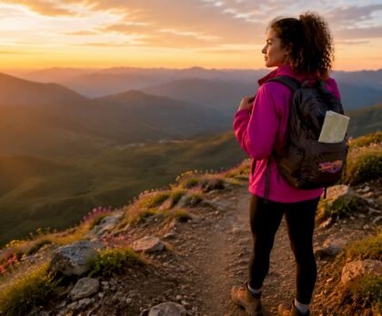 Woman adjusting backpack at forest trail start