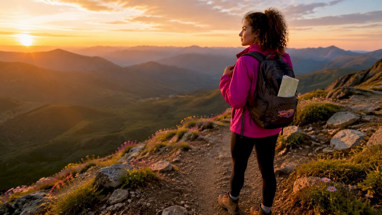 Woman adjusting backpack at forest trail start