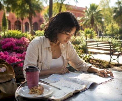 Traveler planning Europe trip itinerary in café