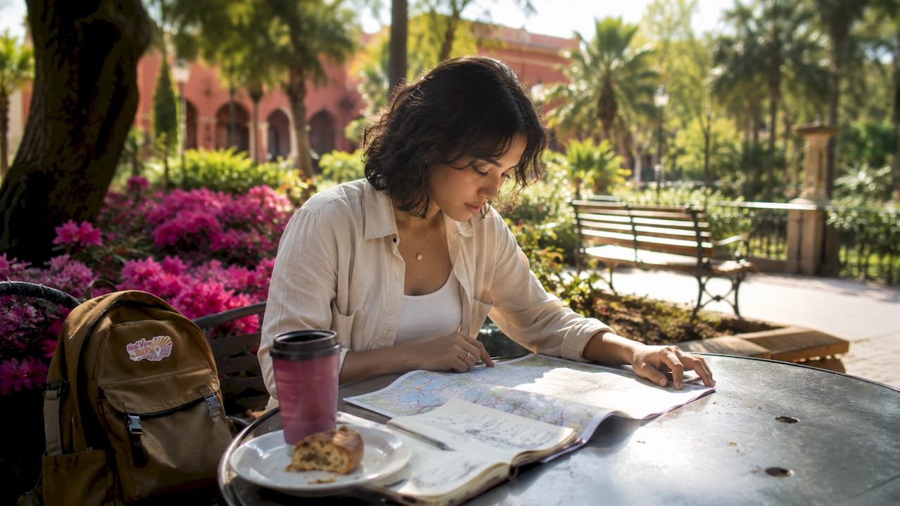 Traveler planning Europe trip itinerary in café