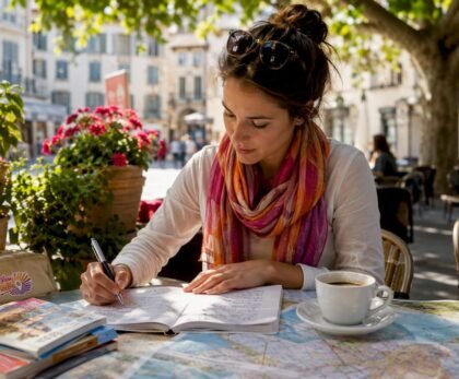 Person planning Europe trip with maps and books