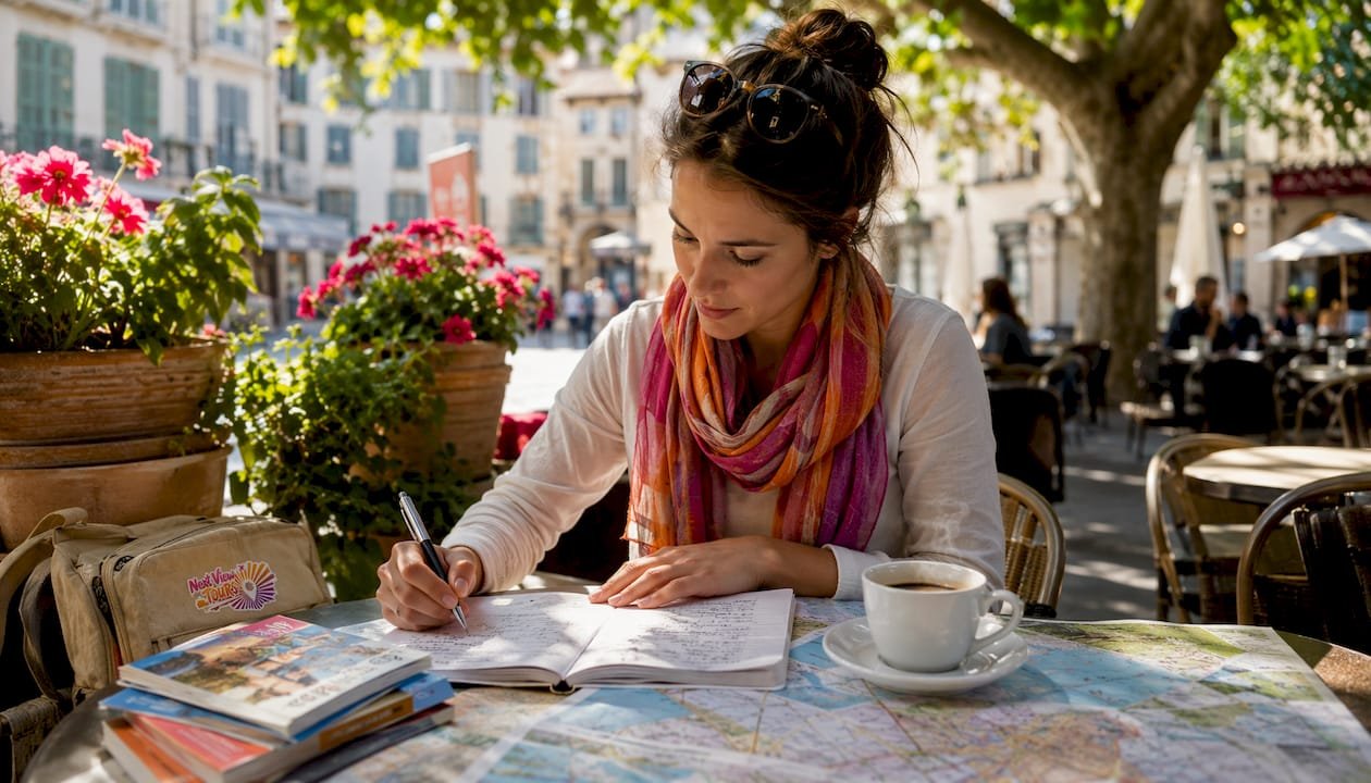 Person planning Europe trip with maps and books