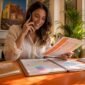 Travel agent speaking on phone at desk