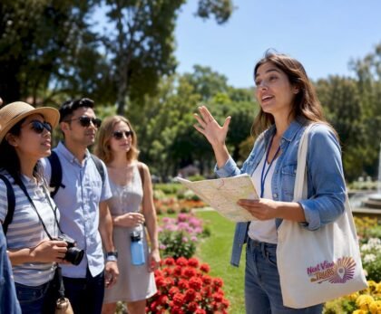 Tour guide leading urban walking tour