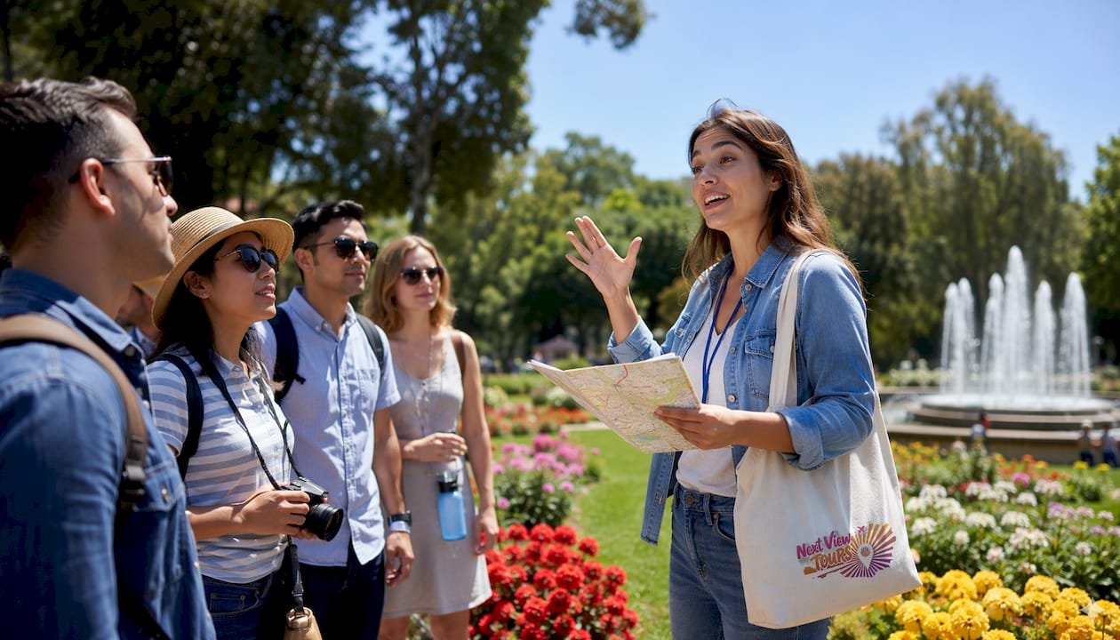 Tour guide leading urban walking tour