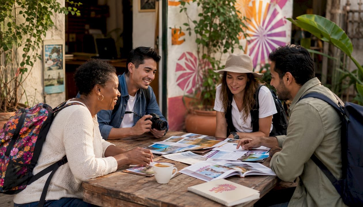 Travelers planning European city trips in agency lobby