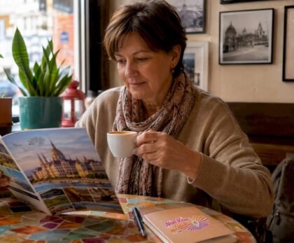 Woman browsing Austria tours at café
