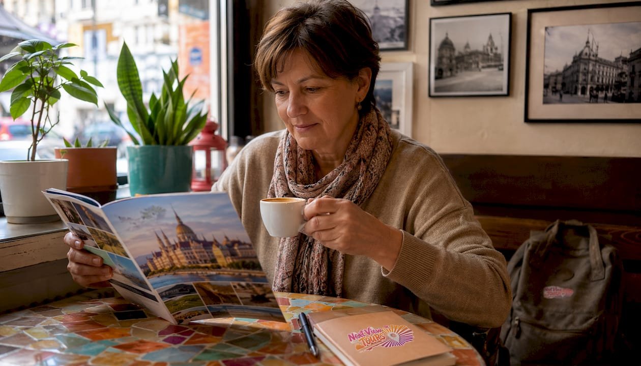 Woman browsing Austria tours at café
