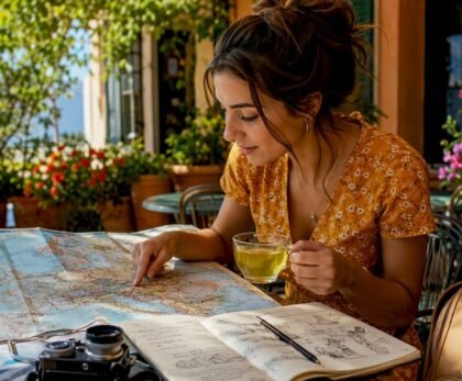 Woman planning Europe trip with map at home