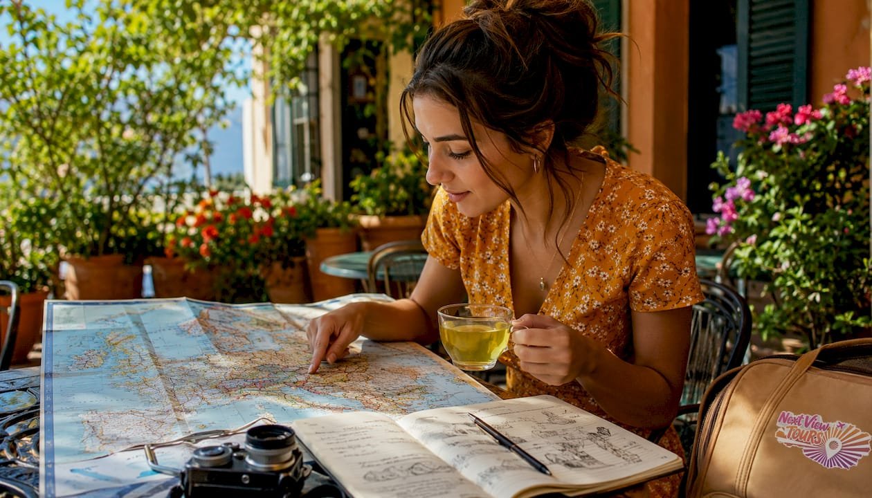 Woman planning Europe trip with map at home