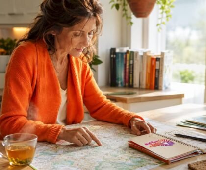 Woman planning Switzerland trip with map