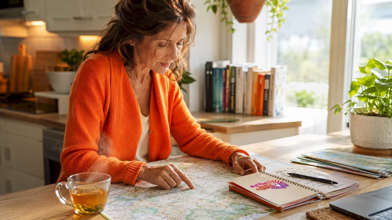 Woman planning Switzerland trip with map