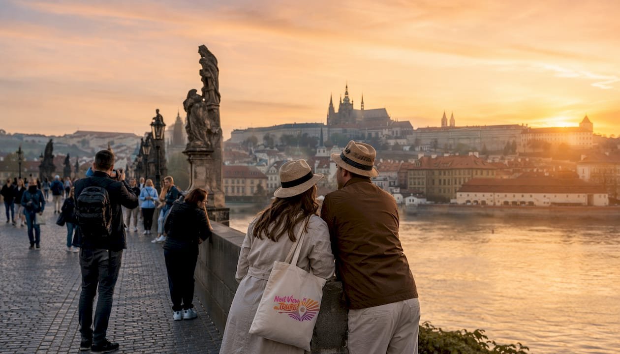 Early morning visitors on Charles Bridge overlooking Prague Castle