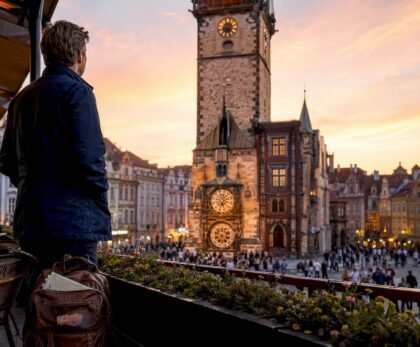 Traveler viewing Prague Old Town Square and Astronomical Clock