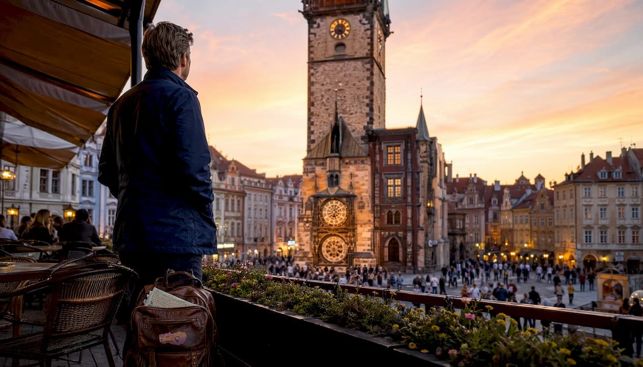 Traveler viewing Prague Old Town Square and Astronomical Clock