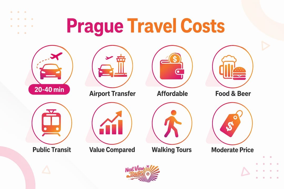 Infographic depicting key Prague travel costs and transport times