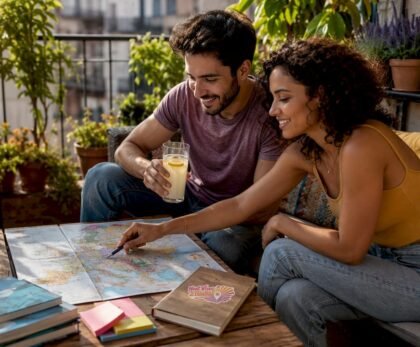 Couple planning Europe trip using map