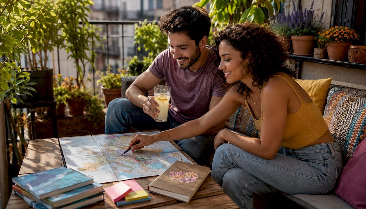 Couple planning Europe trip using map