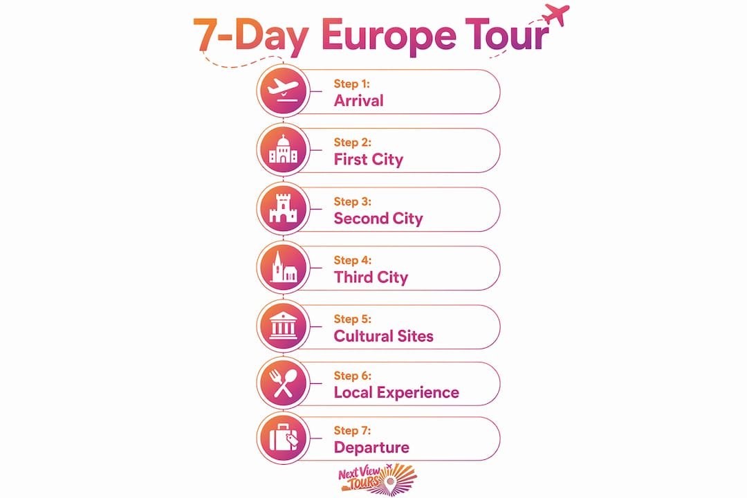 Infographic showing 7-day Europe tour itinerary steps