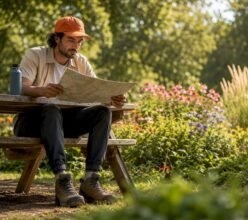Traveler planning self-guided tour outdoors