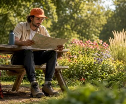 Traveler planning self-guided tour outdoors